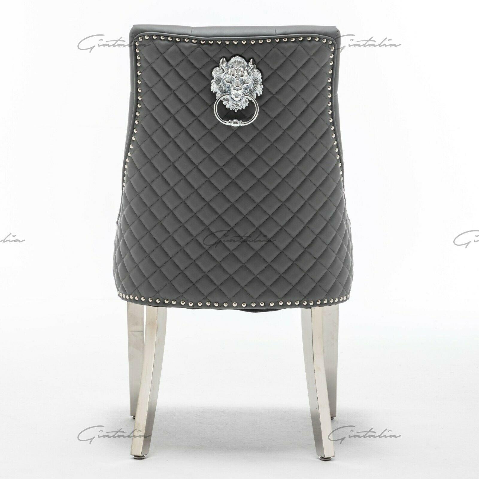 Winchester Grey PU Dining Chair Faux Leather Lion Knocker Chrome-Esme Furnishings