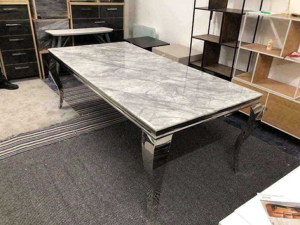 Louis Marble & Chrome Dining Table With Lion Knocker Velvet Chairs-Esme Furnishings