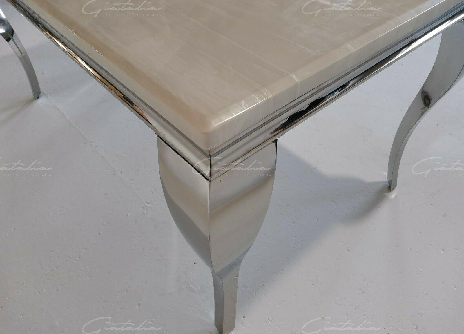 Louis 200cm Cream Marble Dining Table + Chrome Ring Knocker Dining Chairs-Esme Furnishings