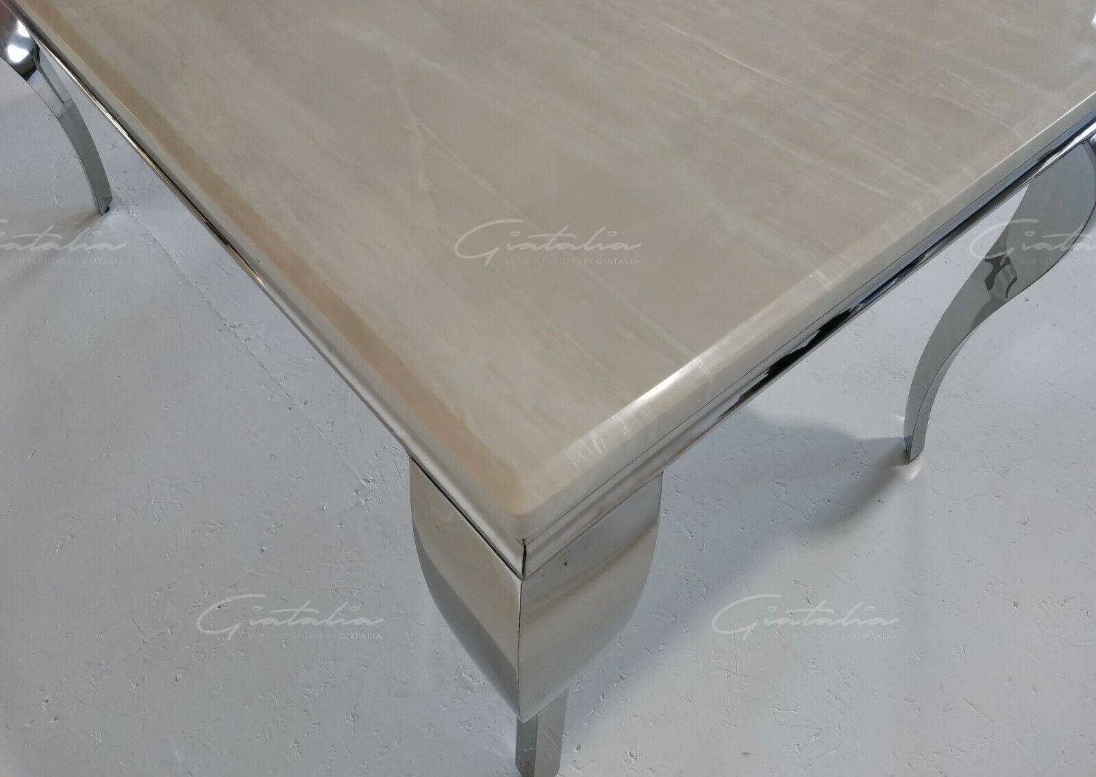 Louis 200cm Cream Marble Dining Table + Chrome Ring Knocker Dining Chairs-Esme Furnishings