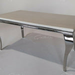Louis 200cm Cream Marble Dining Table + Chrome Ring Knocker Dining Chairs-Esme Furnishings