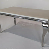 Louis 200cm Cream Marble Dining Table + Chrome Ring Knocker Dining Chairs-Esme Furnishings