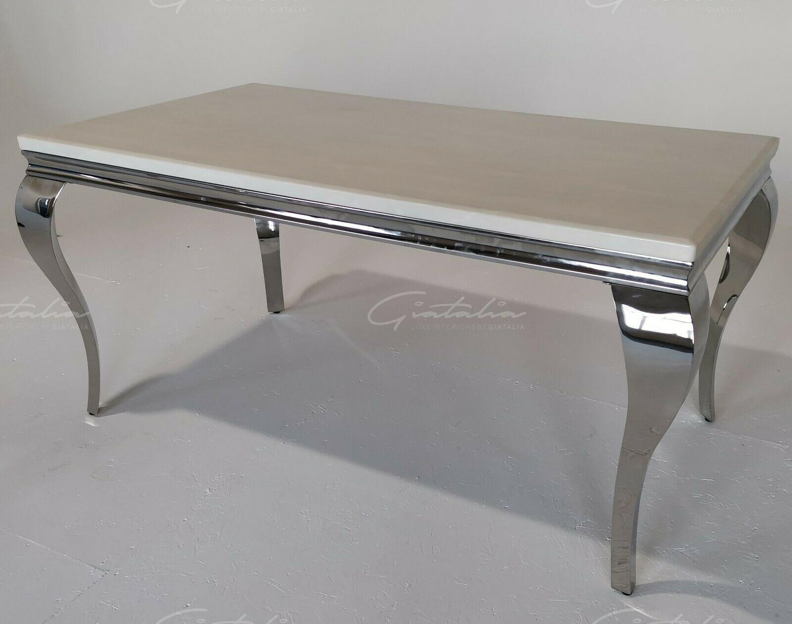 Louis 200cm Cream Marble Dining Table + Chrome Ring Knocker Dining Chairs-Esme Furnishings