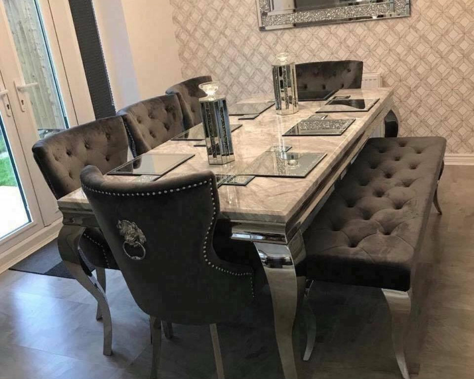 Louis Grey Marble 150CM Dining Table + Grey Lion Chairs, Bench Option-Esme Furnishings