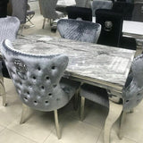 Louis Marble & Chrome Dining Table With Shimmer Valente Lion Knocker Chairs