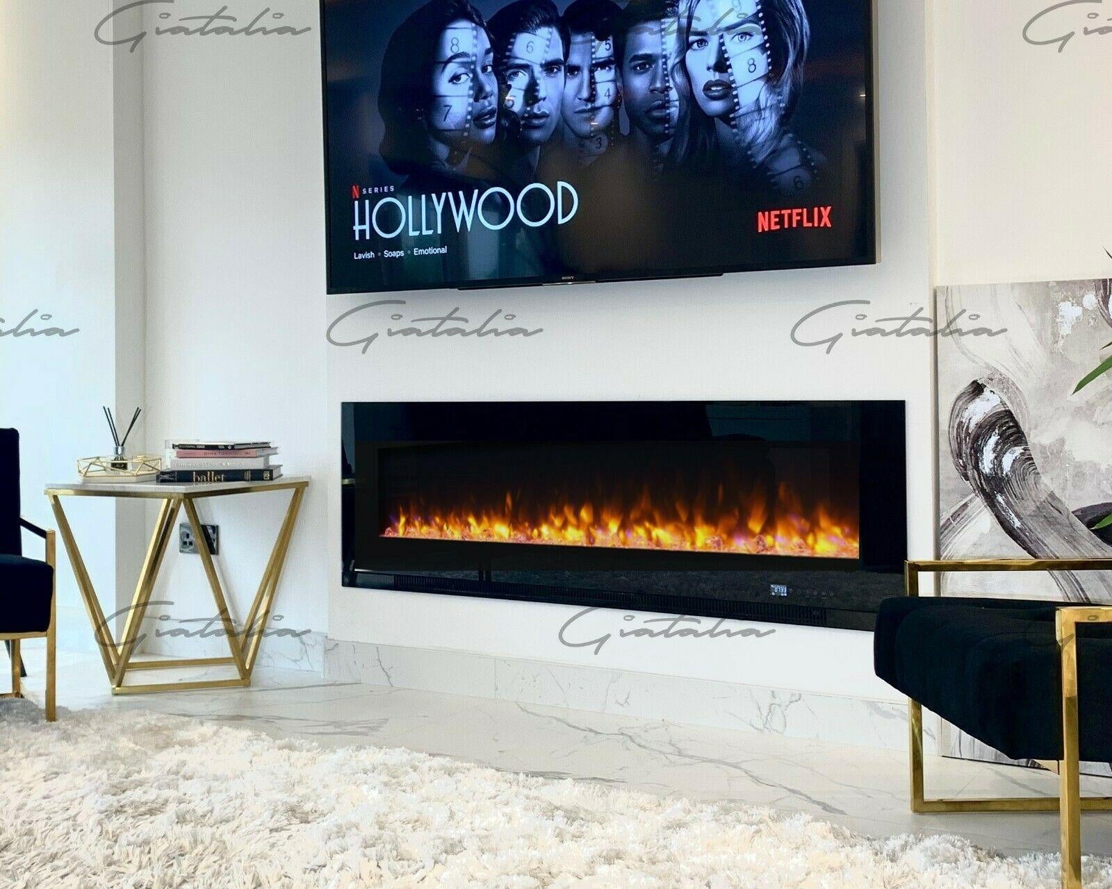 Aurora Black 78" Insert Electric Fire 10 Colour LED Glass Wall Mounted Inset-Esme Furnishings