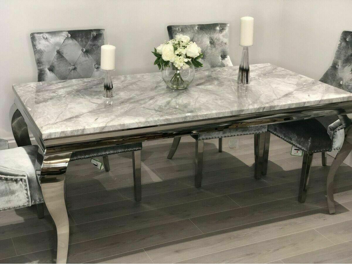 Louis Grey Marble 200CM Dining Table + Grey Lion Chairs, Bench Option-Esme Furnishings