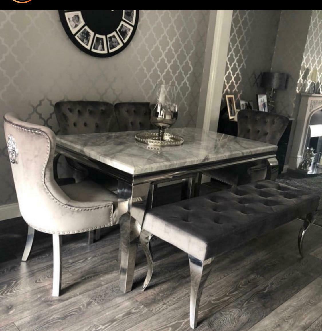 Louis Grey Marble 200CM Dining Table + Grey Lion Chairs, Bench Option-Esme Furnishings