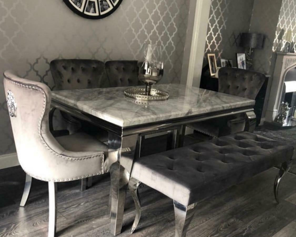 Louis Grey Marble 200CM Dining Table + Grey Lion Chairs, Bench Option-Esme Furnishings