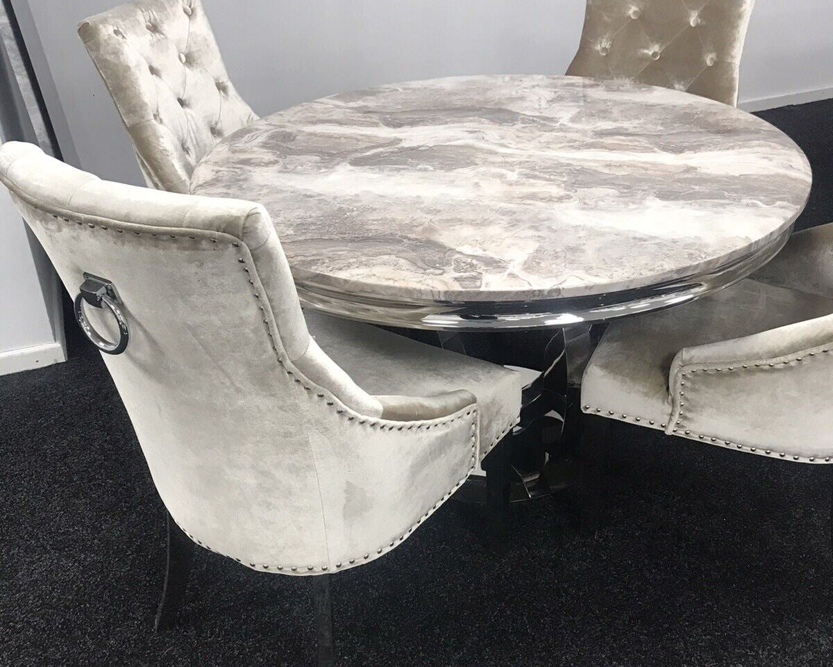 Chelsea 130cm Marble Round Dining Table With Shimmer Chrome Ring Knocker Chairs