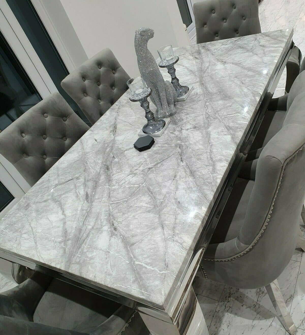 Louis Grey Marble 150CM Dining Table + Valente Grey Lion Chairs, Bench Option-Esme Furnishings