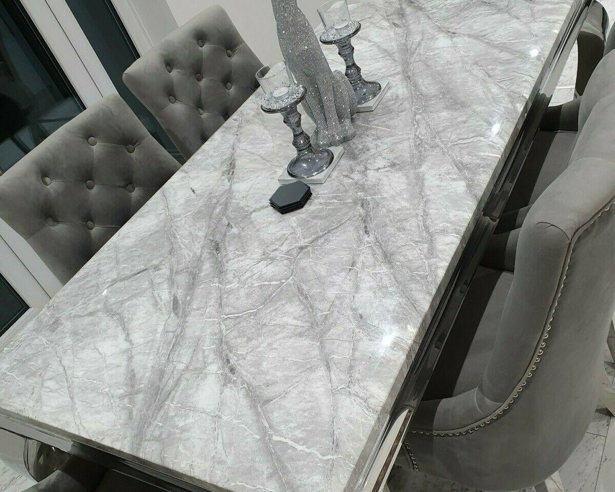 Louis Grey Marble 150CM Dining Table + Valente Grey Lion Chairs, Bench Option-Esme Furnishings
