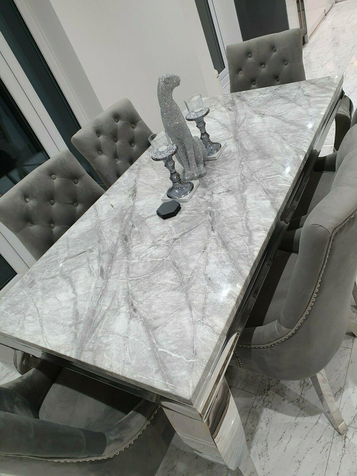 Louis Grey Marble 200CM Dining Table + Grey Lion Chairs, Bench Option-Esme Furnishings