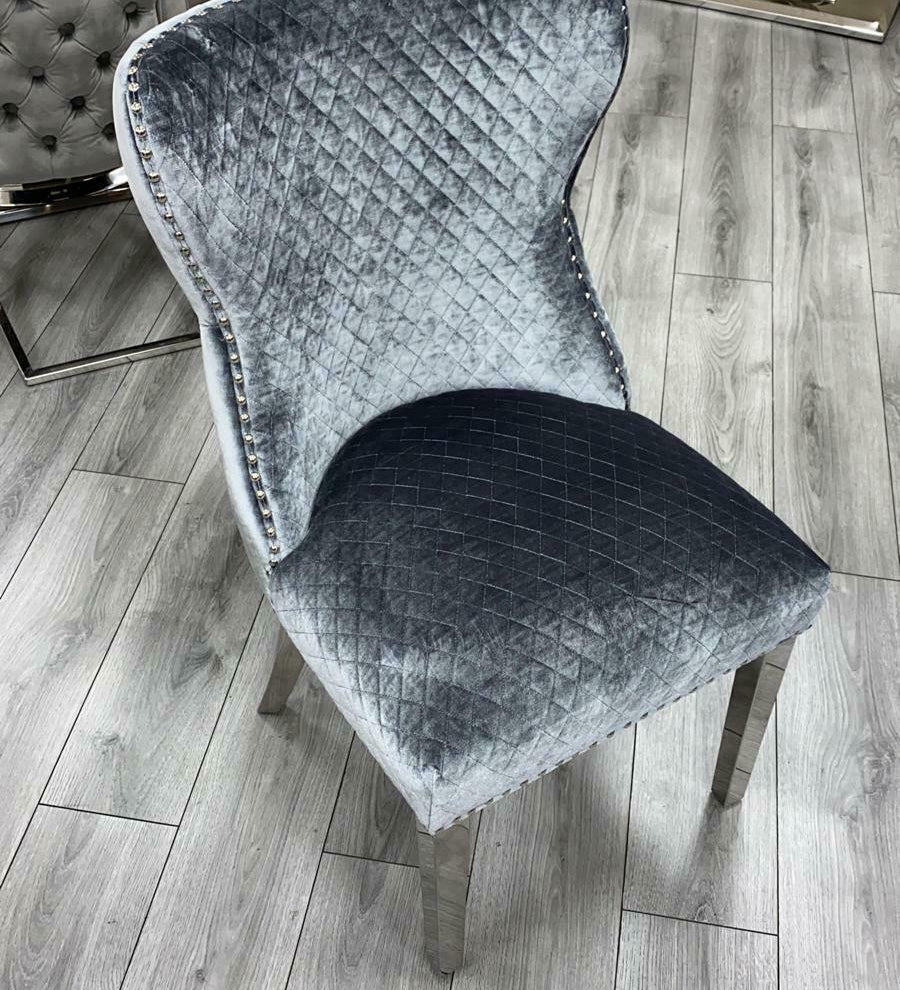 Chelsea 130cm Grey Marble Round Dining Table + Valente Grey Lion Button Chairs-Esme Furnishings