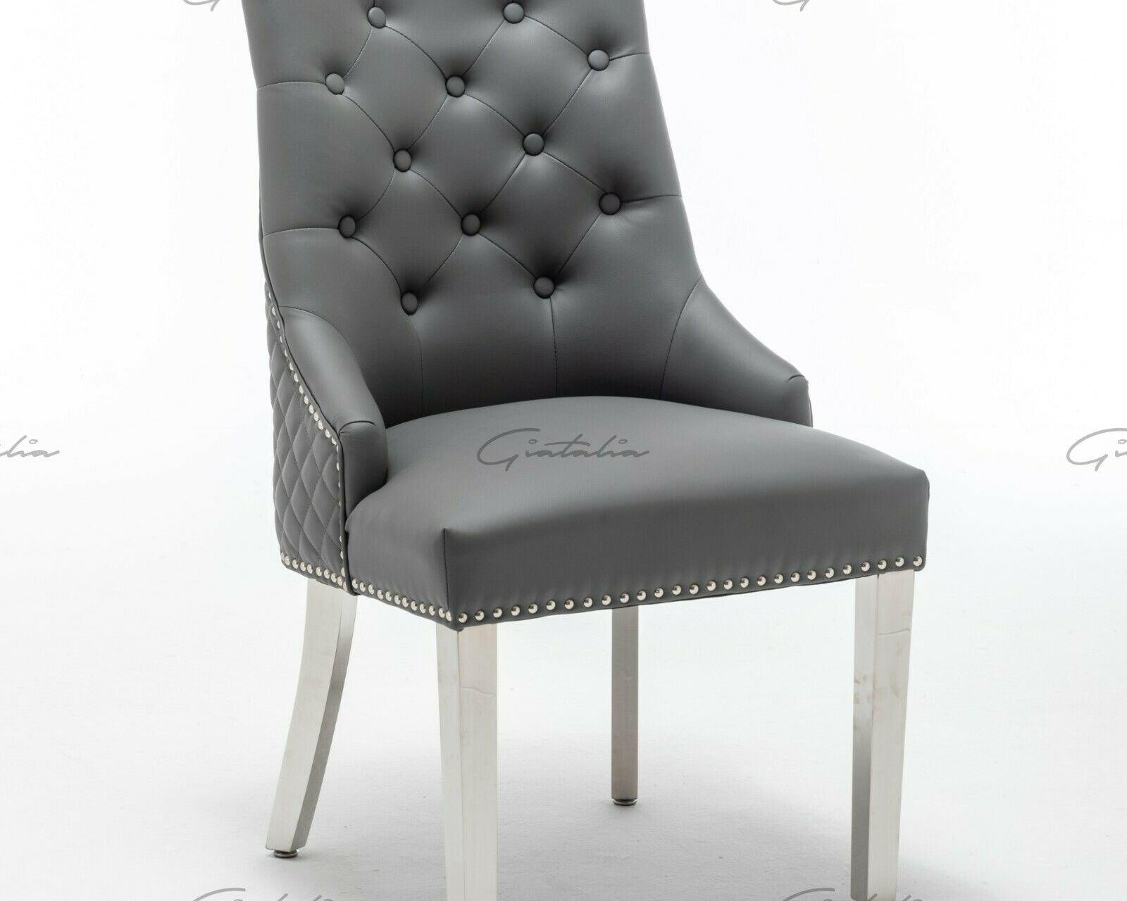 Winchester Grey PU Dining Chair Faux Leather Lion Knocker Chrome-Esme Furnishings