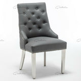 Winchester Grey PU Dining Chair Faux Leather Lion Knocker Chrome-Esme Furnishings
