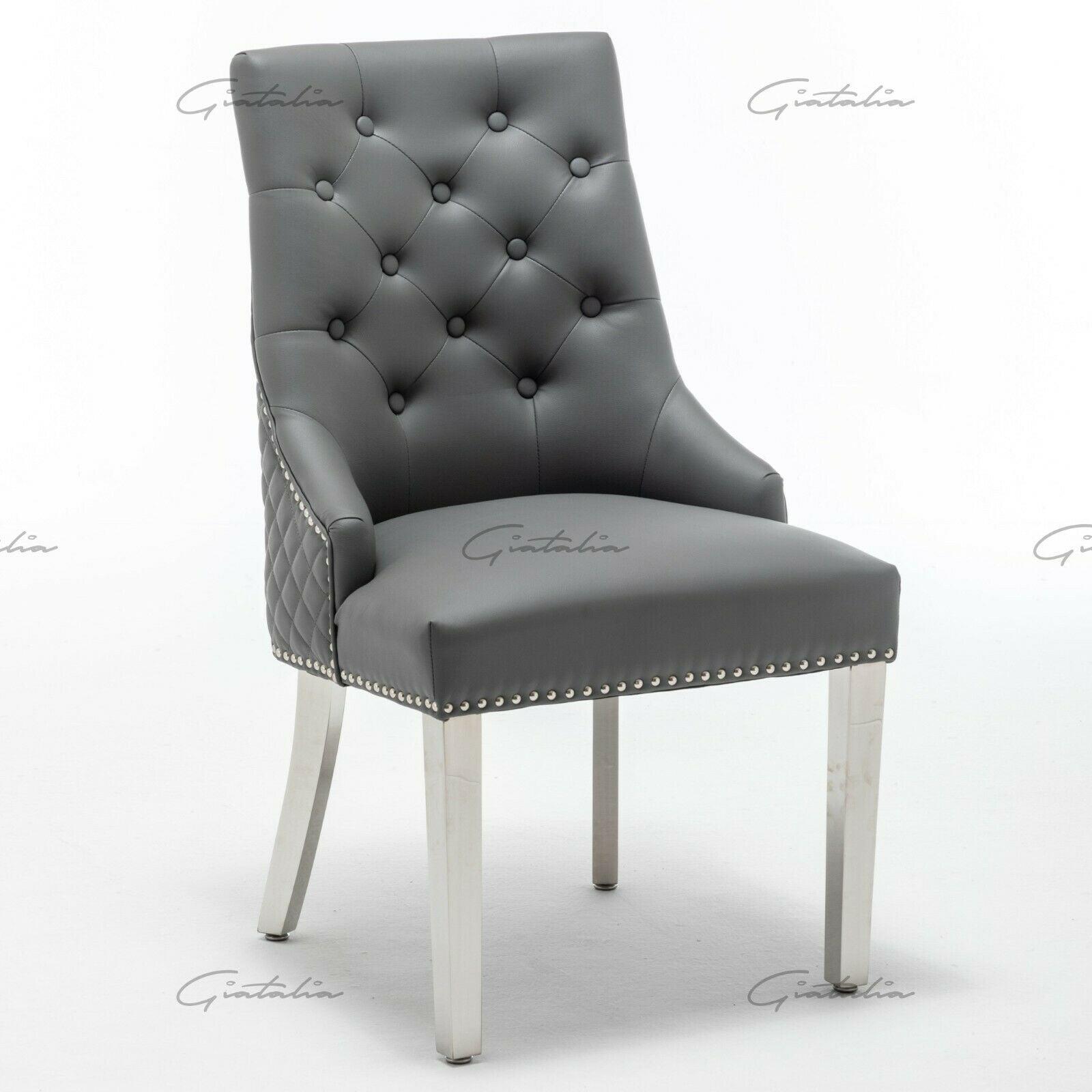 Winchester Grey PU Dining Chair Faux Leather Lion Knocker Chrome-Esme Furnishings
