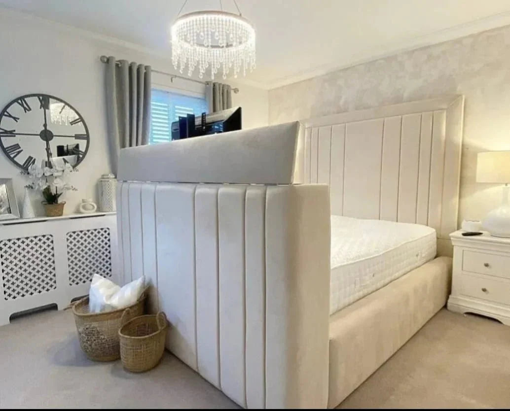 The London Panel Tall Bespoke TV Bed in Luxury Plush Velvet - Esme Furnishings