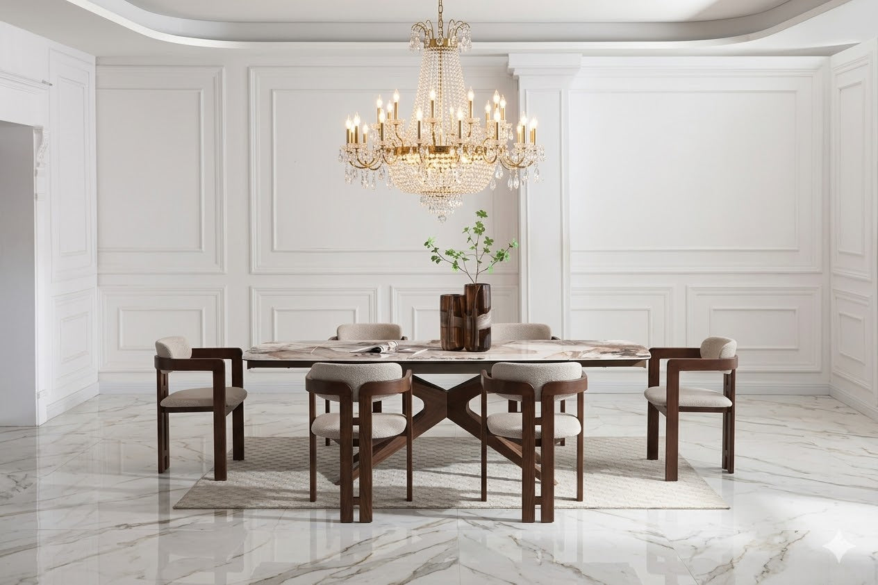 Serene 160-240cm Italian Walnut & Pandora Vendome Ceramic Marble Side Extending Dining Table With Clara Walnut Wooden Dining Chairs