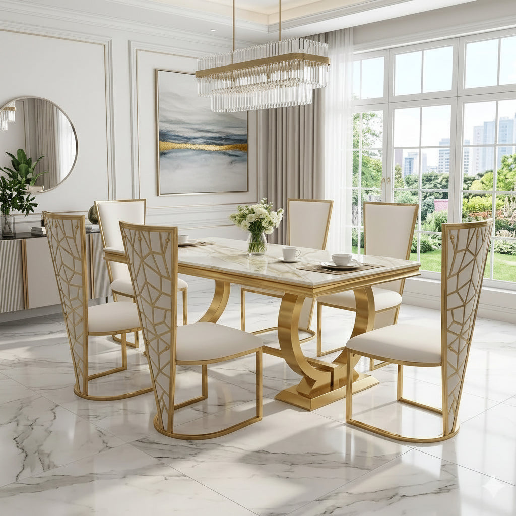 Arianna 160cm Marble & Gold Dining Table With Florence High Back Dining Chairs Gold Legs