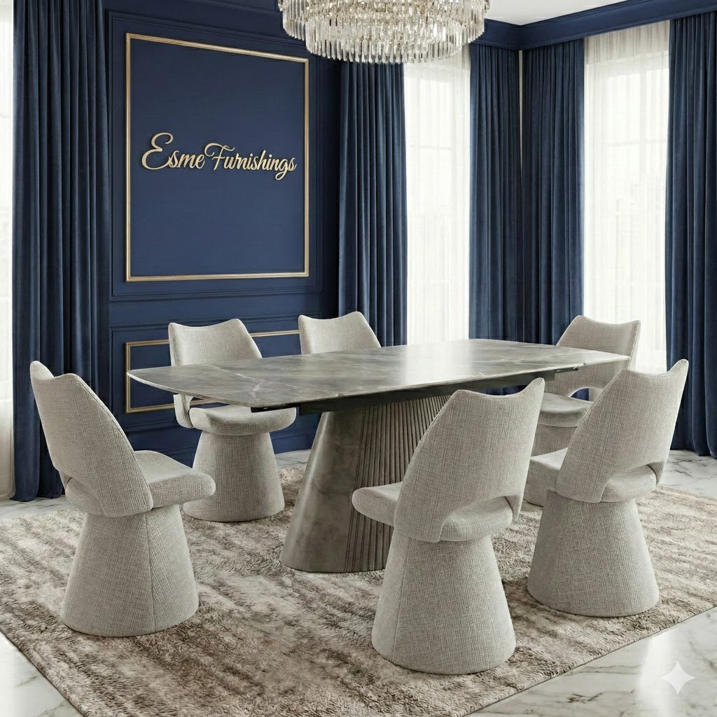 Monaco Grey 160-240cm Extending Ceramic Marble Dining Table With Grey Velvet 360 Swivel Chairs