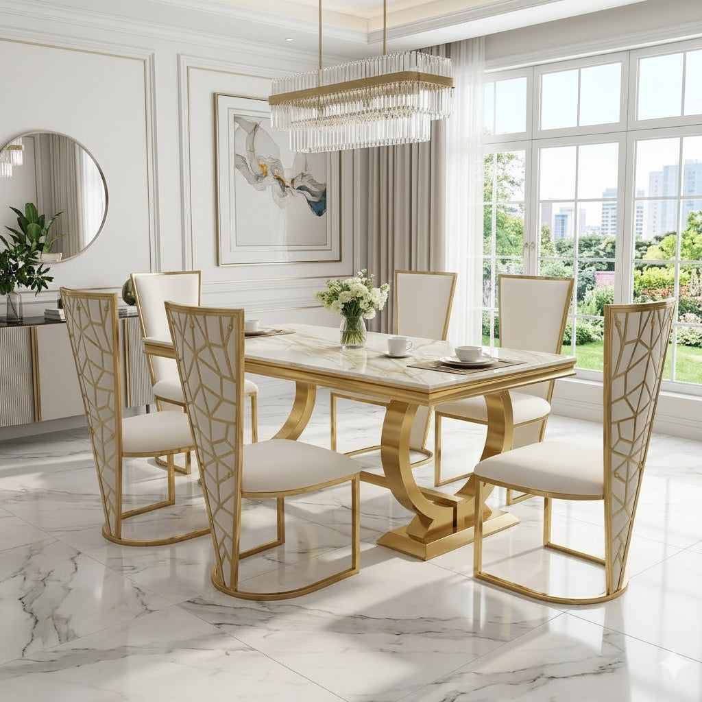 Arianna Marble & Gold Dining Table With Florence High Back Dining Chairs Gold Legs