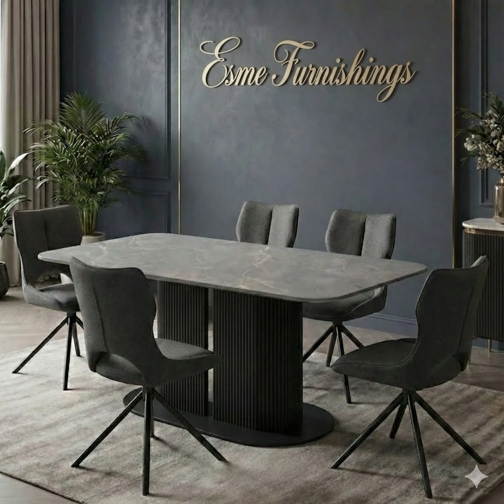 Sydney 160cm Grey Ceramic Marble Dining Table With Sydney Grey Velvet 360 Swivel Dining Chairs