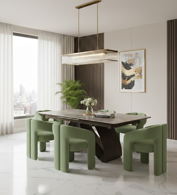 Carra 120-150cm Grey/Gold Ceramic Marble Extending Dining Table With Oscar Scroll Back Velvet Chairs
