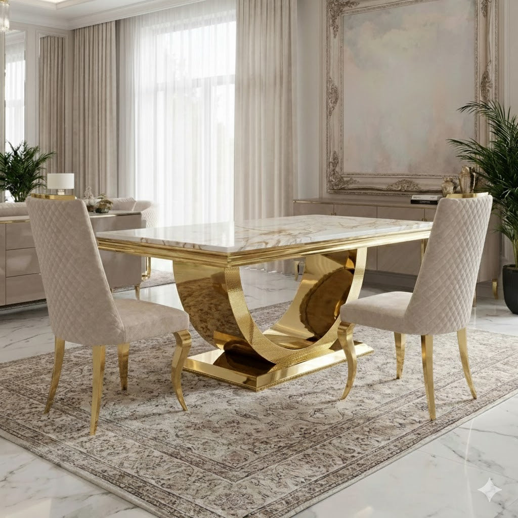 Arial Marble & Gold Dining Table With Roxby Cream Gold Velvet Dining Chairs Gold Legs