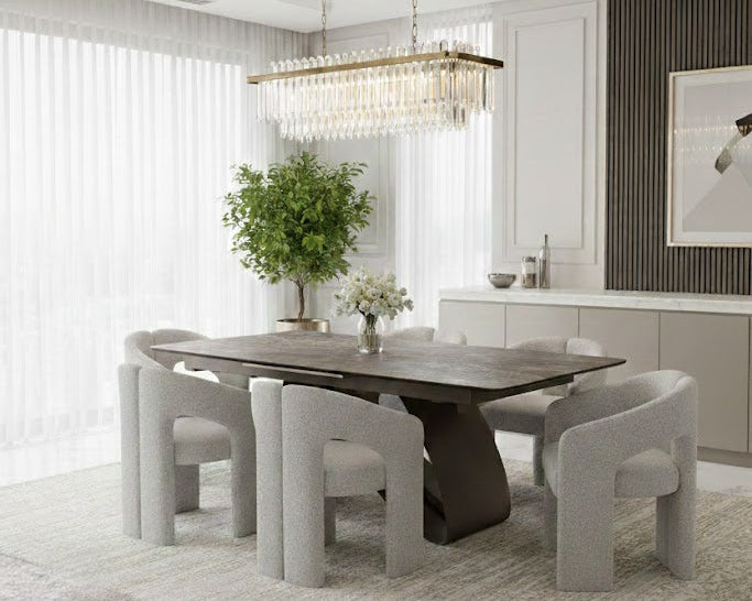 Carra 160-200cm Grey/Gold Ceramic Marble Extending Dining Table With Oscar Scroll Back Velvet Chairs