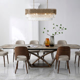 Lavish 200-300cm Italian Pandora Ceramic Marble Side Extending Dining Table With Milo Walnut Wooden Dining Chairs
