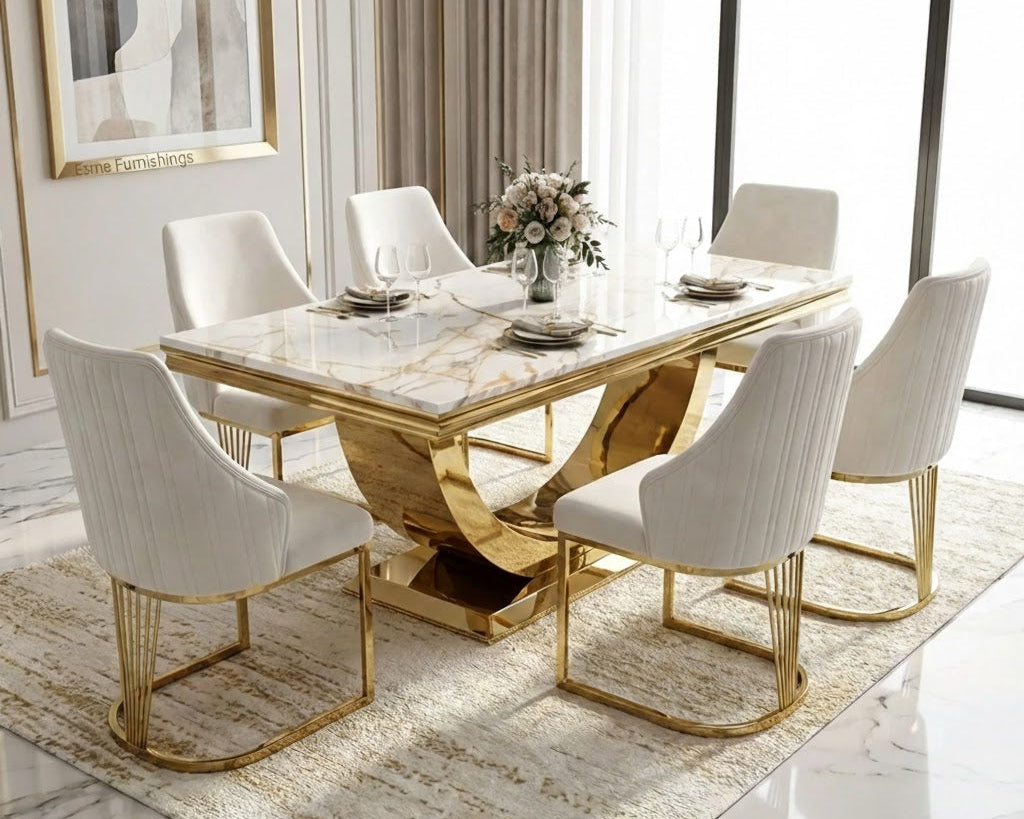 Arial Marble & Gold Dining Set With Carlton Dining Chairs Gold Legs Set