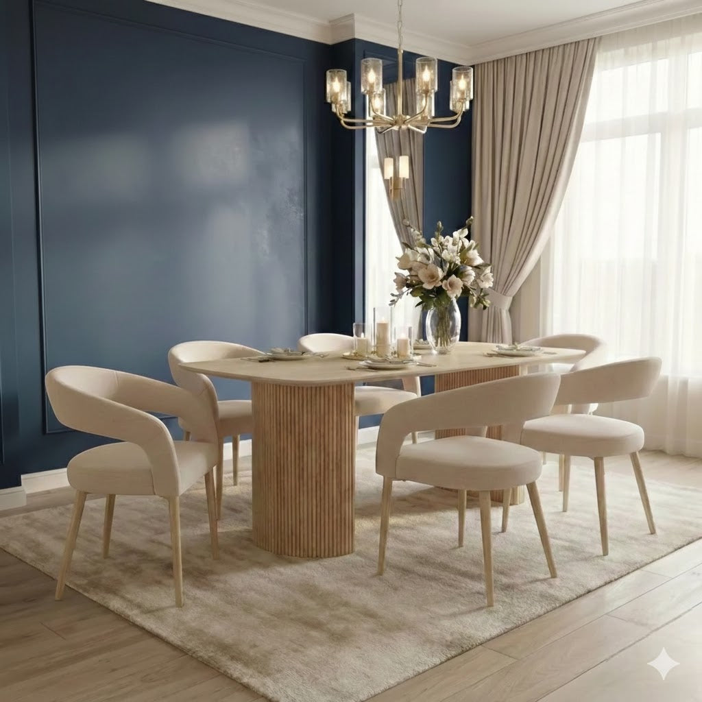 Olympia 160cm Beige Ceramic Marble Dining Table With Olympia Dining Chairs