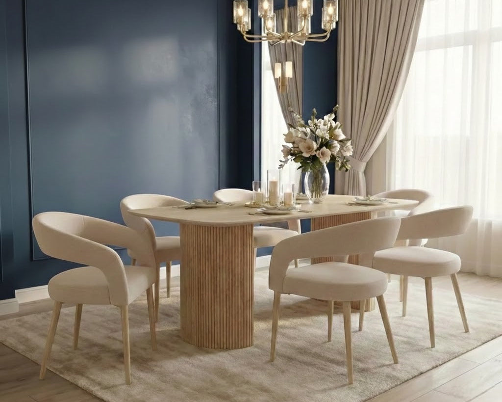 Olympia 160cm Beige Ceramic Marble Dining Table With Olympia Dining Chairs