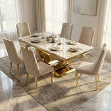 Arial Marble & Gold Dining Table With Roxby Cream Gold Velvet Dining Chairs Gold Legs