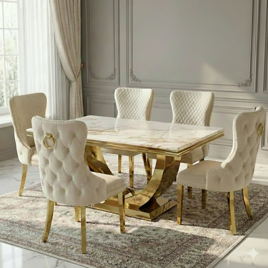 Arial Marble & Gold Dining Table With Victoria Quilted Ring Knocker Dining Chairs Gold Legs