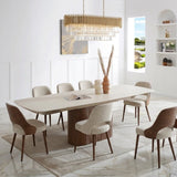 Ginevra 180-260cm Italian Walnut & White Travertine Ceramic Marble Side Extending Dining Table With Milo Walnut Wooden Dining Chairs