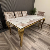 Louis Pandora Gold Marble Dining Table With Gold Lion Knocker Dining Chairs