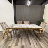Louis Pandora Gold Marble Dining Table With Gold Lion Knocker Dining Chairs