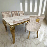 Louis Pandora Gold Marble Dining Table With Gold Lion Knocker Dining Chairs