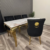 Louis Pandora Gold Marble Dining Table With Gold Lion Knocker Dining Chairs