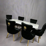 Orion 180cm White/Gold Dining Table With Victoria Lion Knocker Velvet Gold Chairs